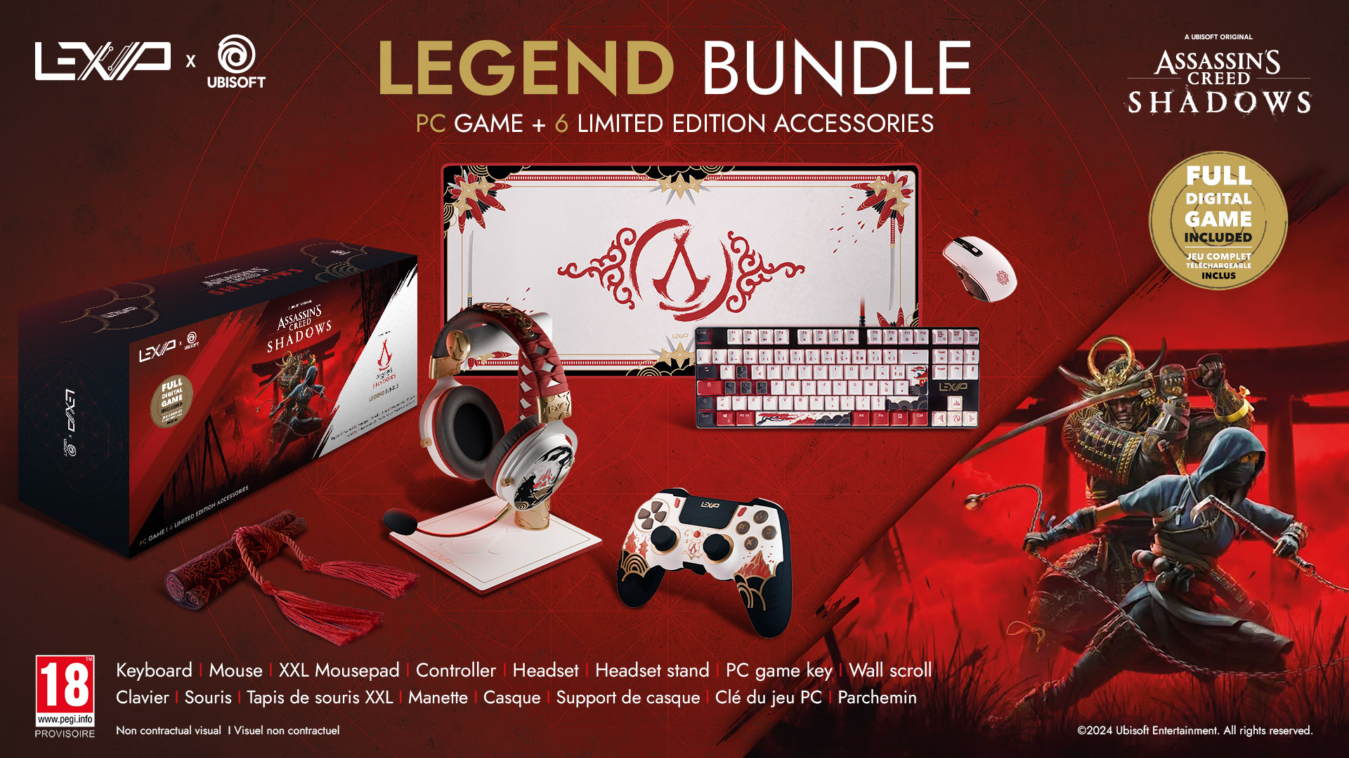 Assassin's Creed Shadows LEGEND bundle - Tapis XXL, clavier, souris, casque, porte casque, manette + jeu PC